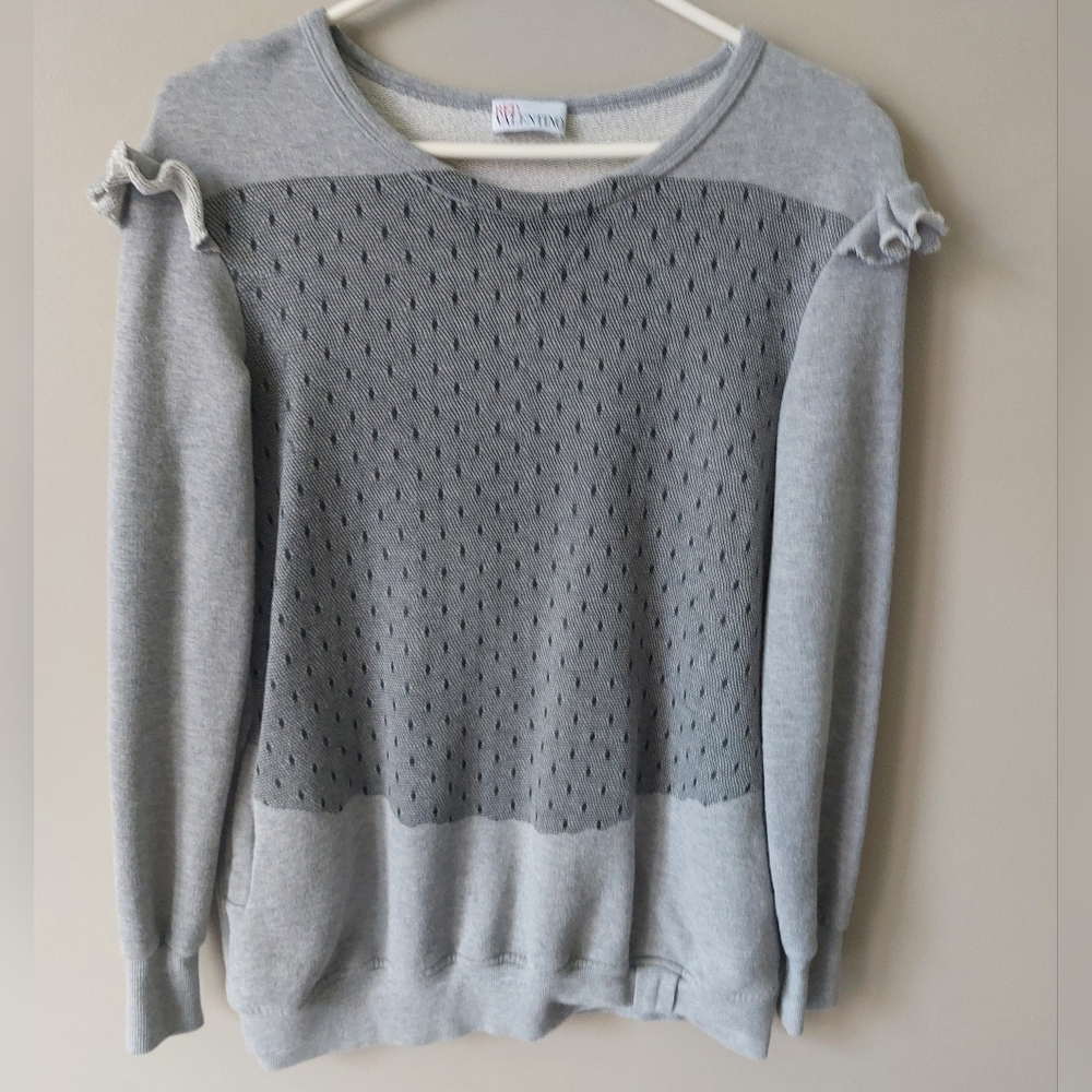 Valentino Red sweatshirt tunic top. Gray Black with ruffle + bow details. Medium